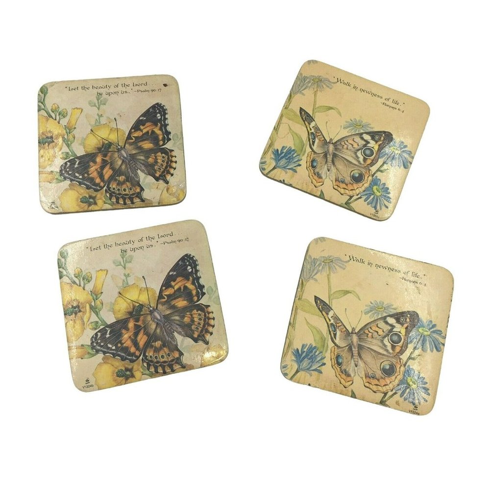Vintage Monarch butterfly coasters set of 4 cork back scripture floral 1970s